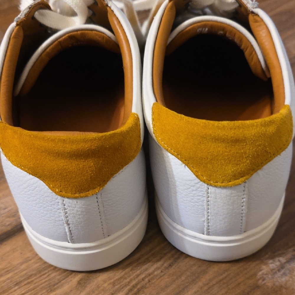 Allen Edmonds White Leather Sneakers with Mustard Accents - Picture 5 of 9
